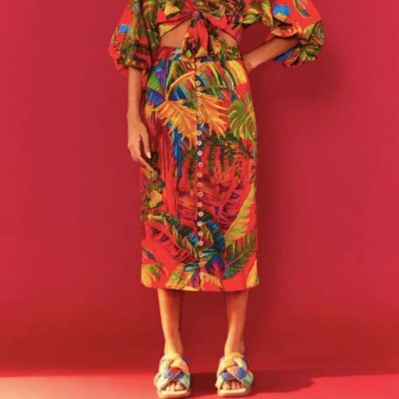 Tropical Print Button-Down Skirt Farm Rio M - Picture 3 of 6